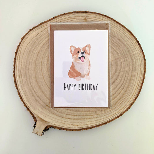 Corgi Birthday Card with Recycled Envelope - fully handmade - blank inside